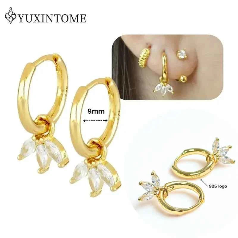 Women's 925 Sterling Silver Ear Needle Crystal Zircon Water Droplets Stud Hoop Gold Huggie Earrings Premium Luxury Party Jewelry