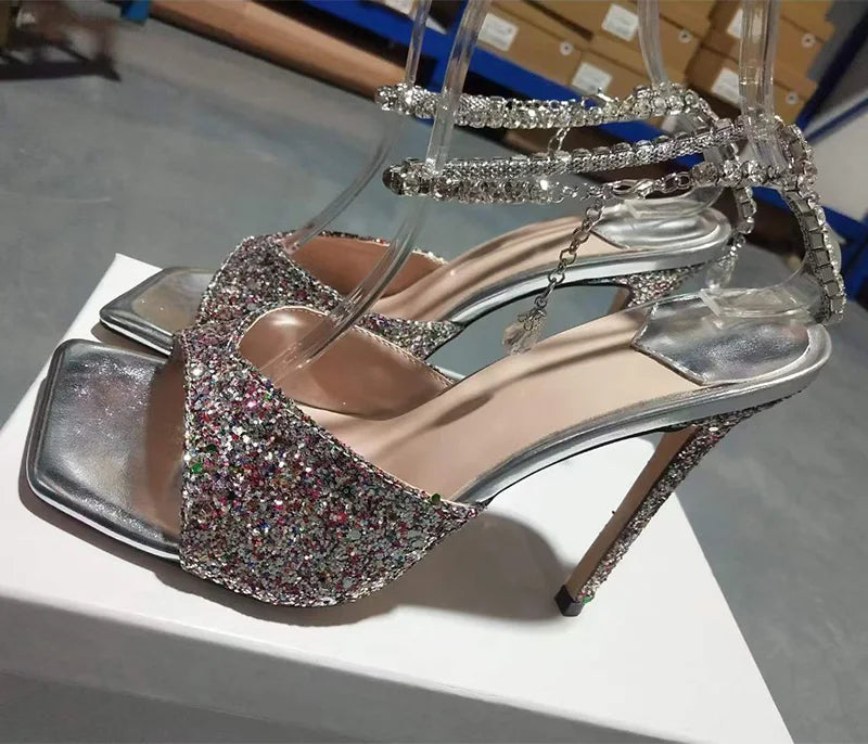 Colorful Chain Water Diamond Sandals Brand Walk Show Fish Mouth Evening Dress Elegant High Heels 2023 New Pendant Women's Shoes