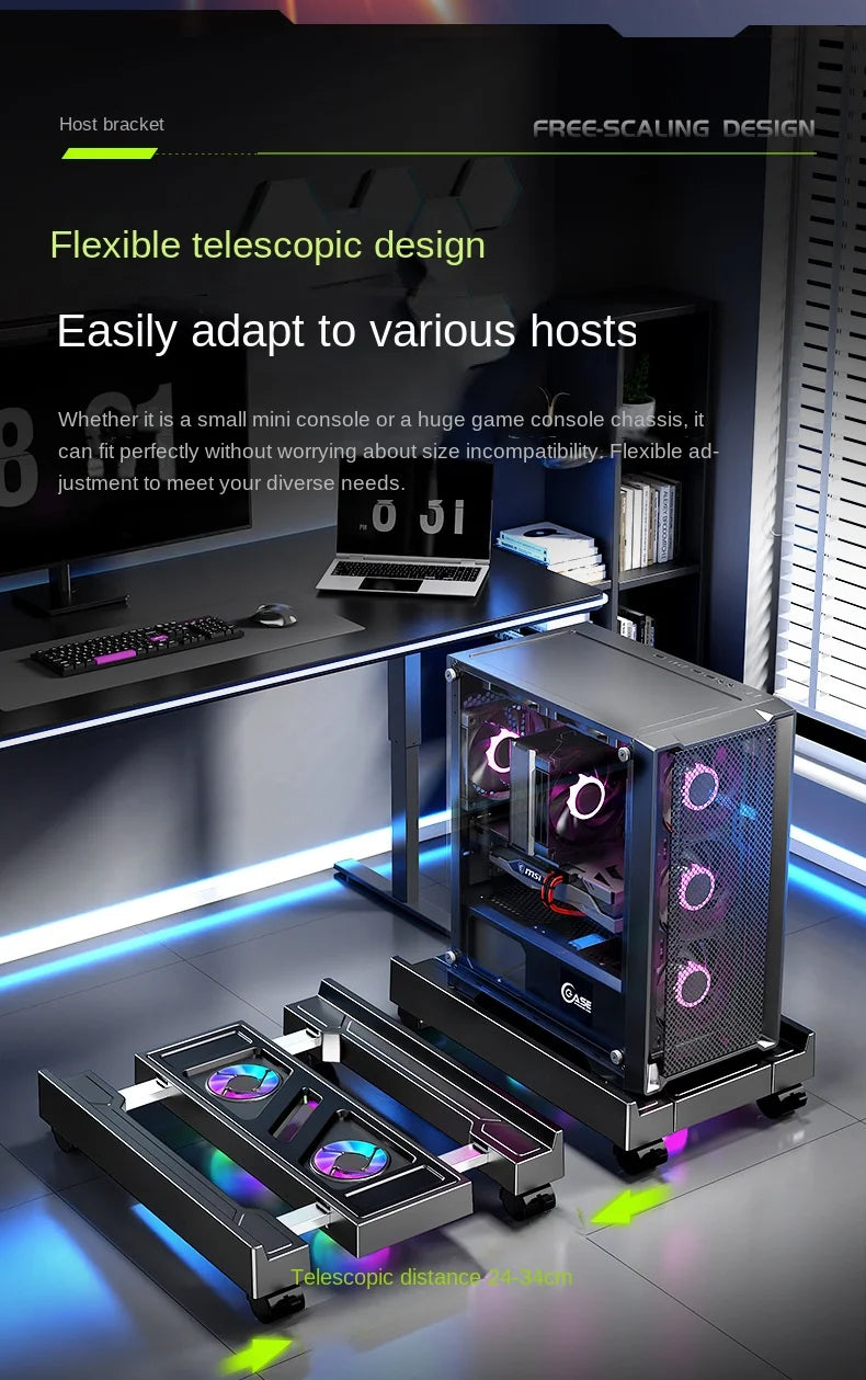 Mobile PC Tower Stand Adjustable Computer CPU Holder Telescopic Desktop Stand CPU Cart with RGB Cooling Fan Heat Dissipation