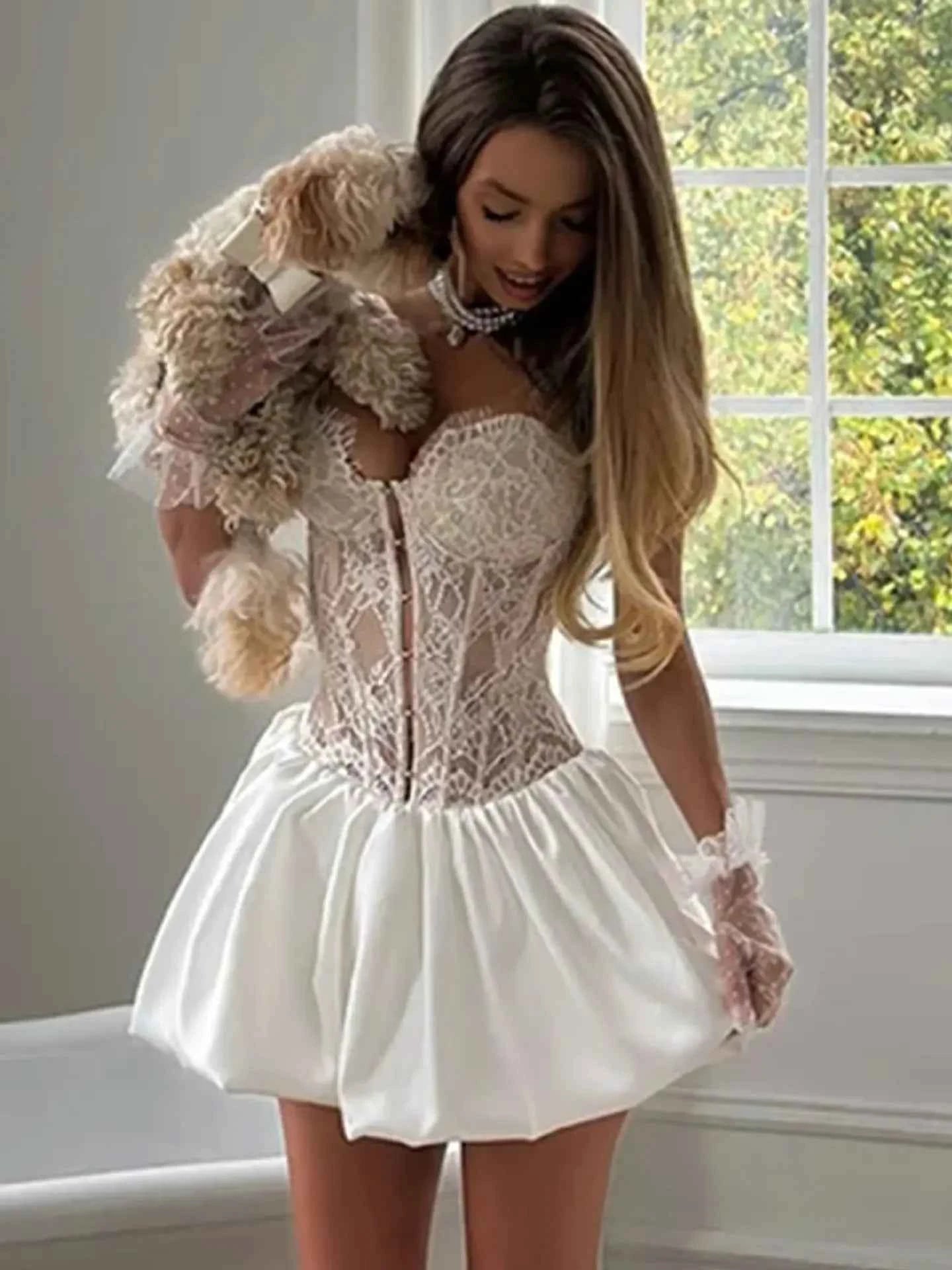 Women Sexy Lace Patchwork Corset Sling Dress Sleeveless Off-shoulder High Waist Slim Mini Dresses 2026 New Evening Party Robe