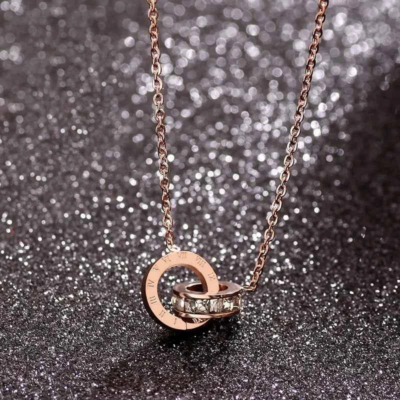 L91 new stainless steel rose gold square diamond Roman numeral double-buckle short necklace