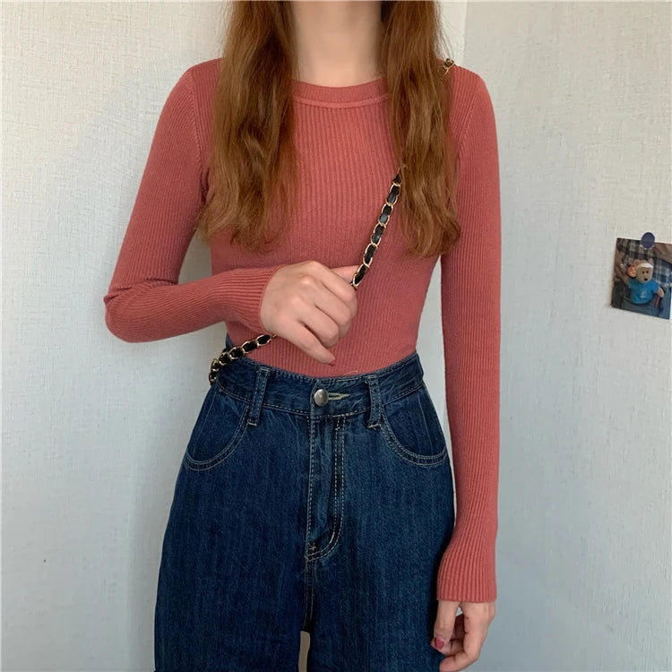 2026 New Women Sweater Autumn Winter Long Sleeve Pullover Basic Top Fashion O-neck Elastic Female Winter Solid Knitted Jumper