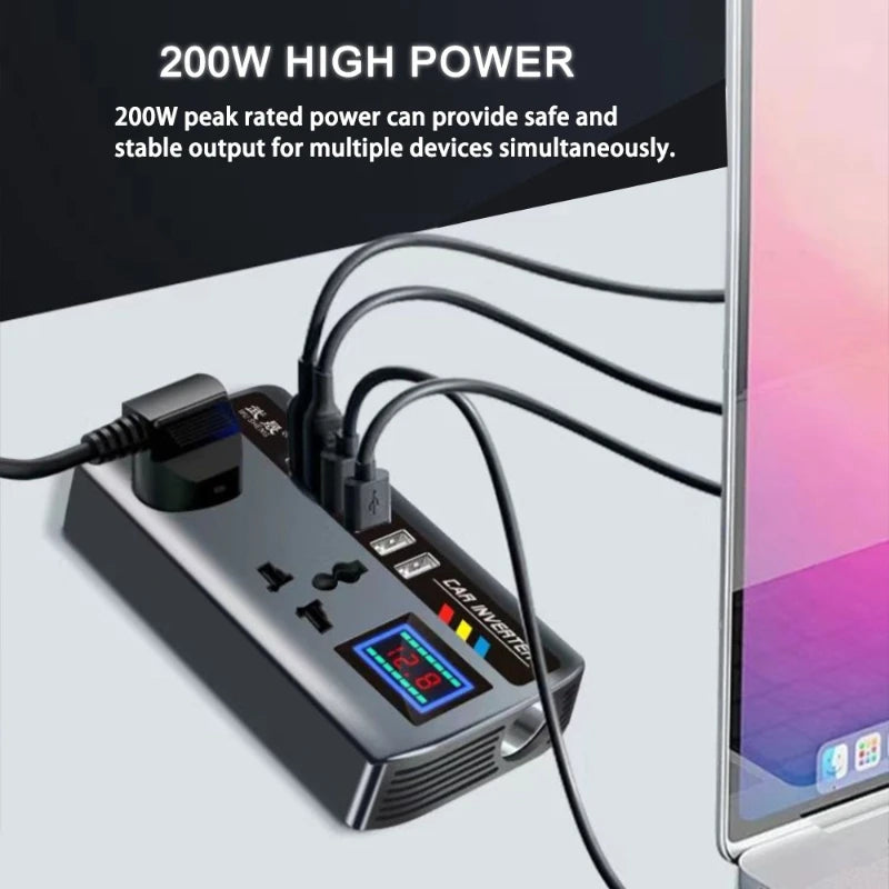 Car Power Inverter 200W 12V/24V With AC Outlet & 4 USB Ports