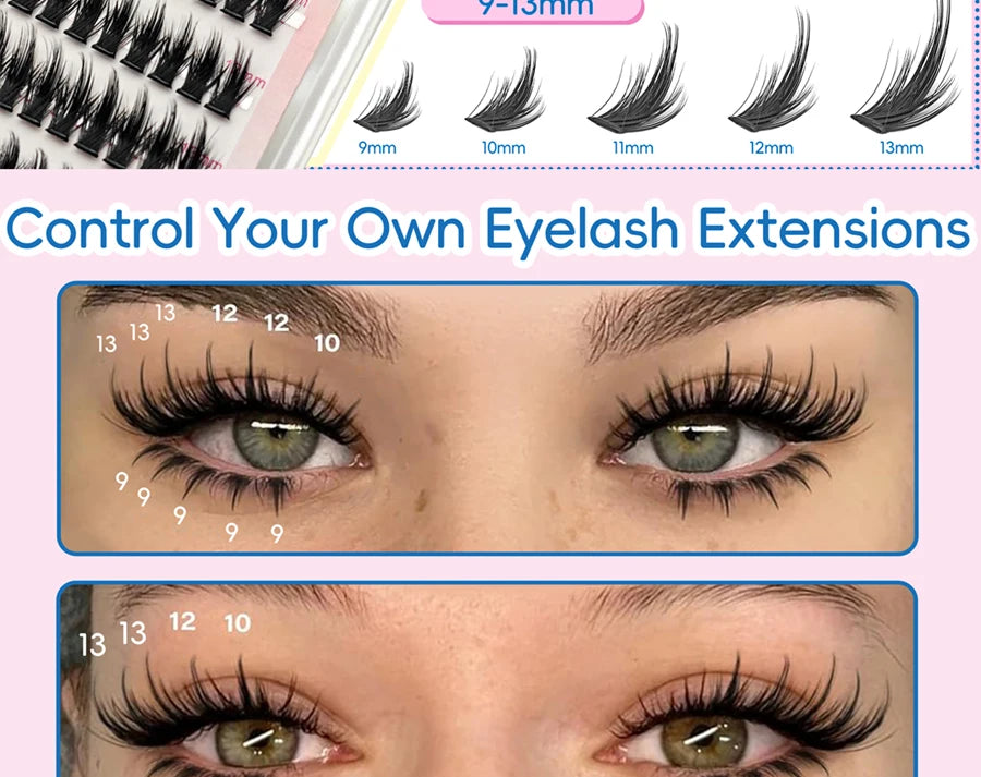 10 rows of 200 clusters of self-adhesive false eyelashes, makeup eyelashes, extending soft eyelashes, 9-13mm（MIX)