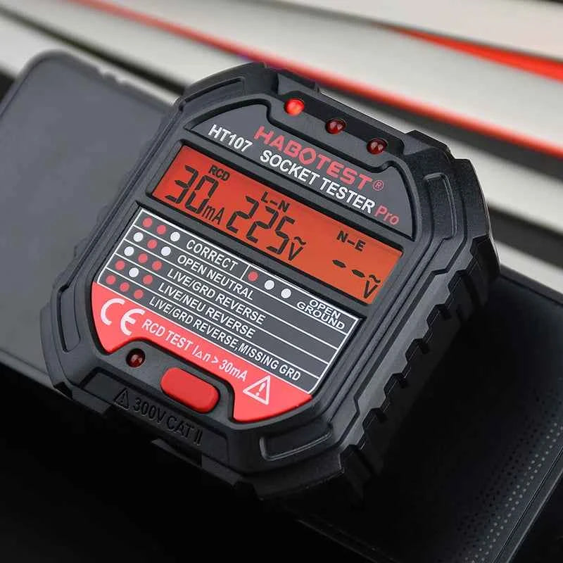 HT107 Outlet Socket Tester Digital Plug AC Voltage Detect 30mA RCD Test Polarity Phase Check Circuit Checker Bicolor Backlight