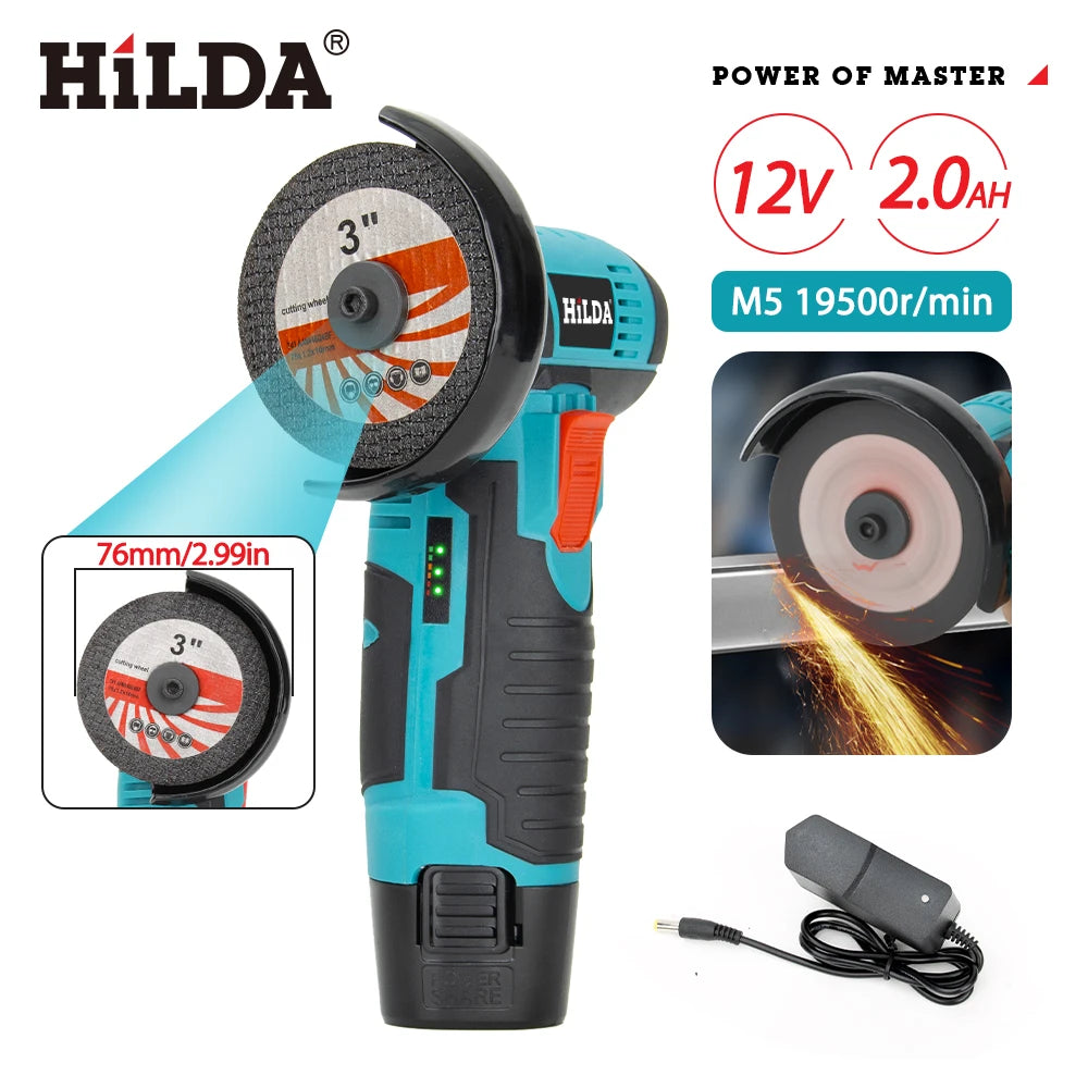 HILDA 3 inch 12V Miniature Rechargeable Angle Grinder with Battery Cutting Blade Polishing Grinder for Cutting Diamond Cordless
