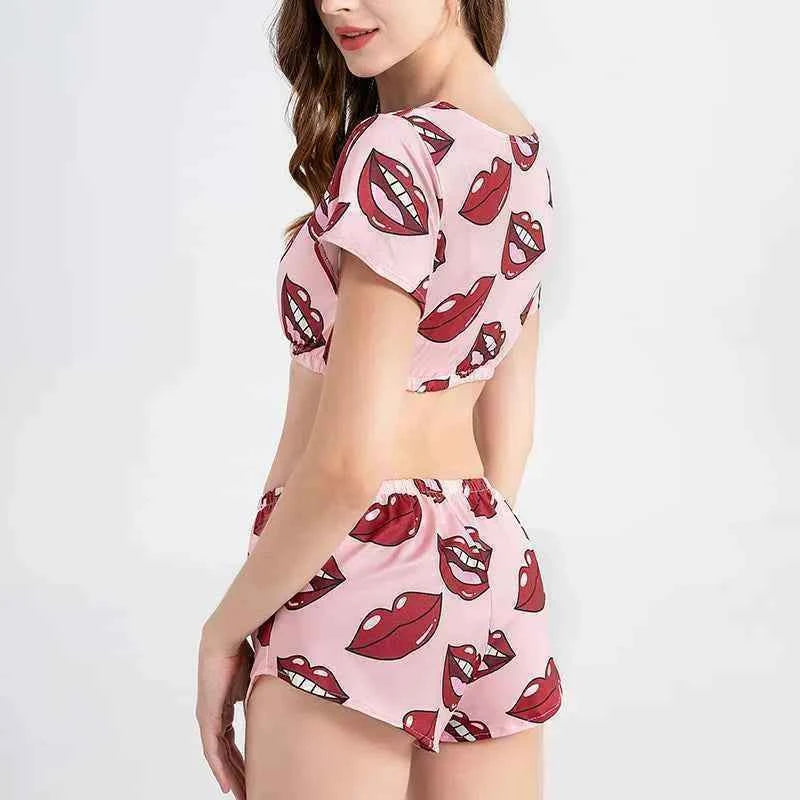 Summer Short Sexy Casual Lips Print Female Sleepwear Suit Pajamas 2pcs Top+Pants Skinng Women Homewear Underwear