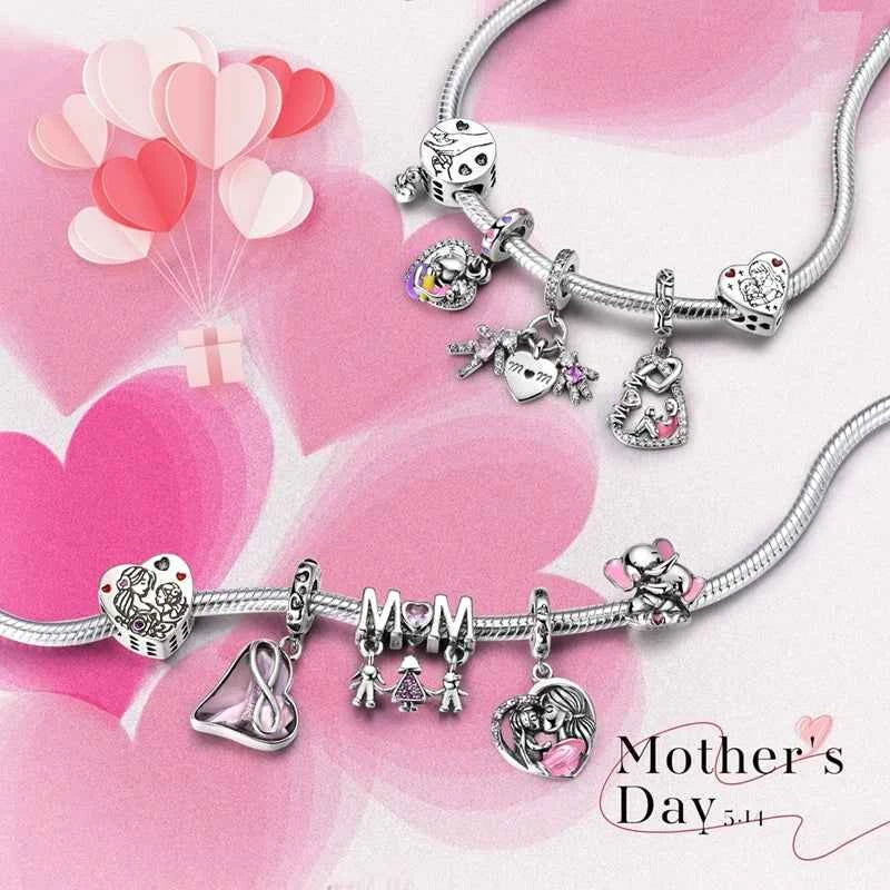 Original 925 Sterling Silver Charm Bead Mother's Day Love Heart Family Charm Bead Pendant Fits Bracelet Womens Jewelry Gifts