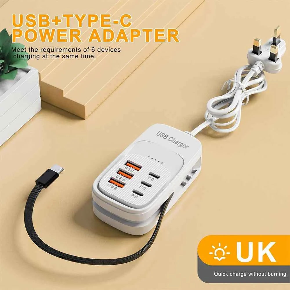 Fast USB Charger 6 in 1 Power Strip Desktop Charging Station Fast Charging Cord EU/UK/US Plug USB HUB Adapter Socket 3PD 3USB