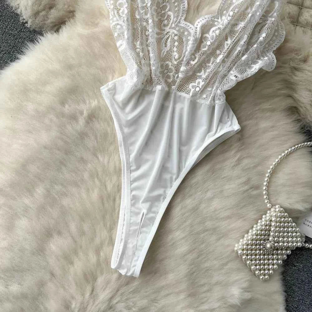 Women's V-neck Sexy Elegant Lace Camisole Jumpsuit Hollowed Transparent Tight Fitting Pajama Adjustable Shoulder Straps Hotsweet