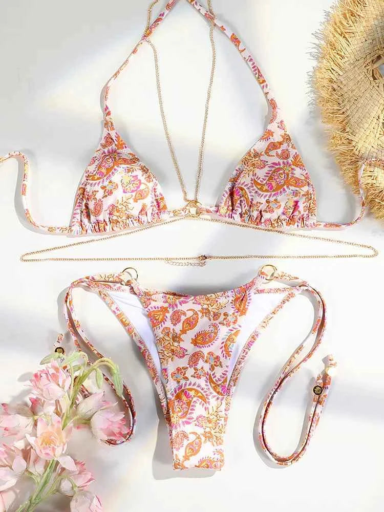 Sexy Triangle Chains Bikini Sets Micro Thongs Swimsuit Women Bathing Suit Biquini Bandage Beachwear Print Swimwear Thong Bikini