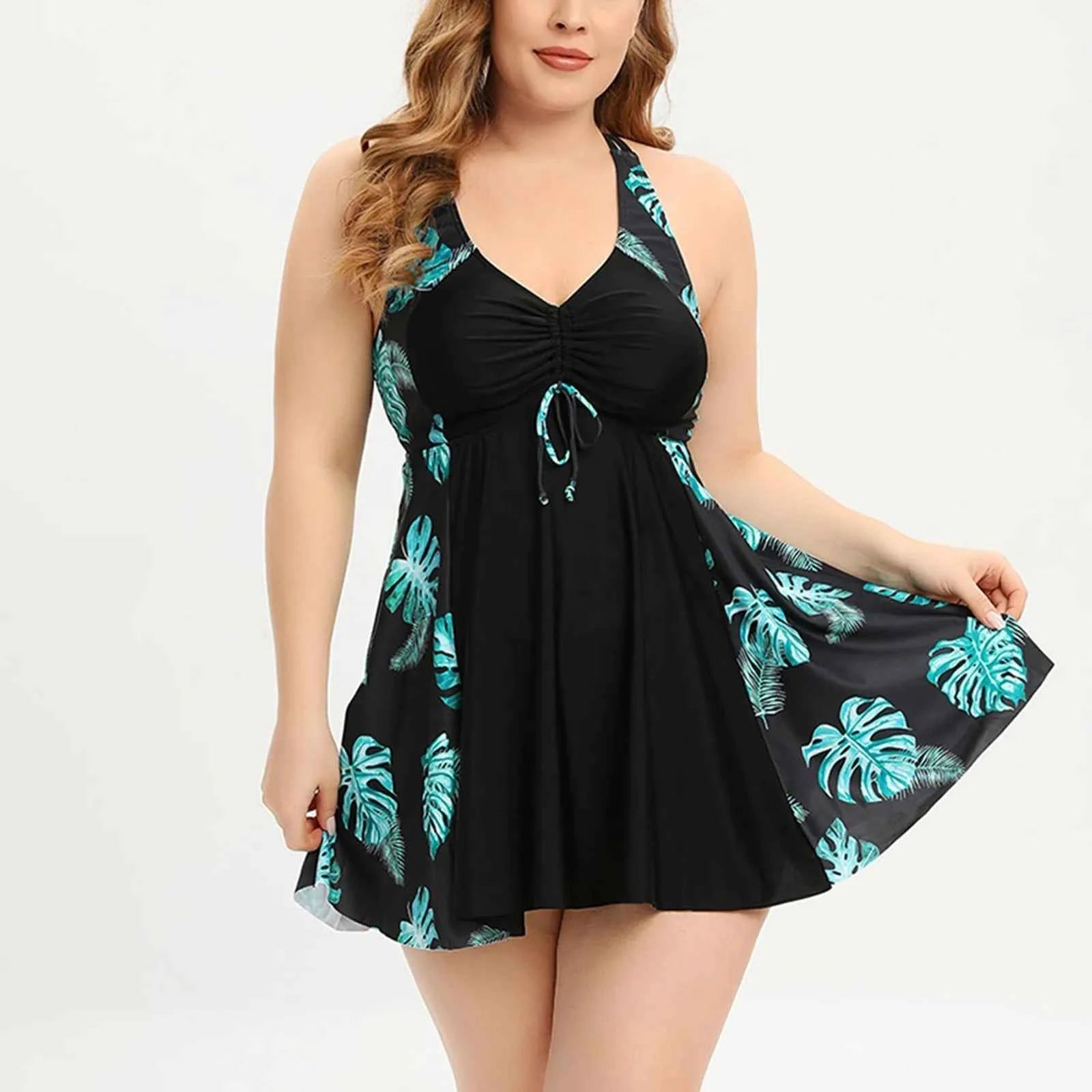 Split Swimsuit For Womens Conservative Big Flower Oversize Tankini Set Summer Beachwears Ladies Swimsuits With Neck Straps