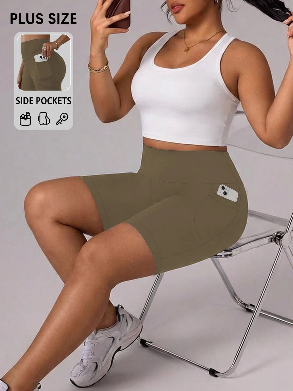 Plus Size Women Athletic Shorts with Pockets.5 Inch High Waisted Biker Super Soft Tummy Control No See Through