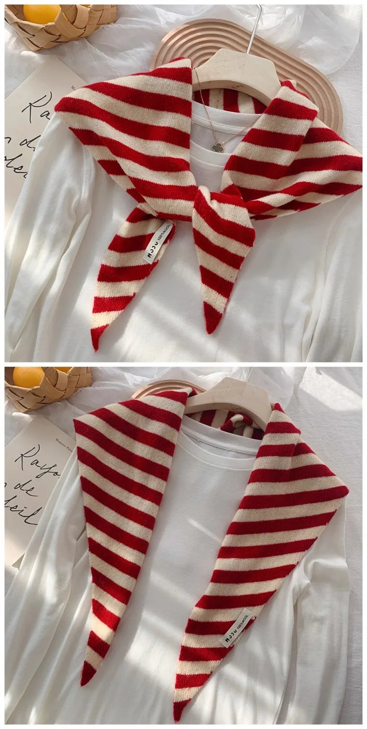 Korean Stripe Triangle Scarf 100% Wool Triangular Scarf Men Women British Niche Headscarf Knitted  Multi-functional Warm Scarf