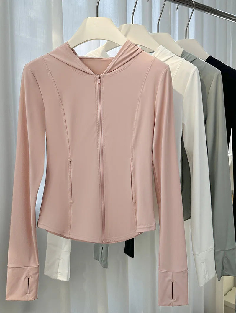 Women's Lce Silk Sun Protection Jacket 2026 New Long Sleeve Hooded Summer Thin Zipper Cardigan Korean Short Slim Sports Outwear