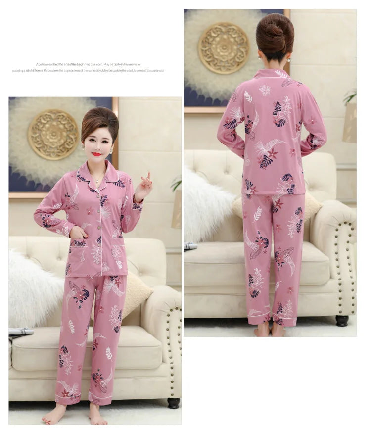 100% Pure Cotton Long Sleeve Sleepwear Set for Elderly Women Spring Summer Autumn Home Clothes Outwear Comfortable Home Suit