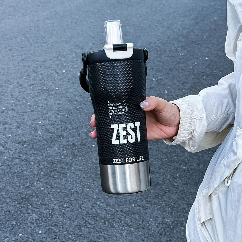 1pc Minimalist Sports-Style Insulated Water Bottle with Straw, 600ML with Handle, Lid Supporting Both Straw & Direct Drinking