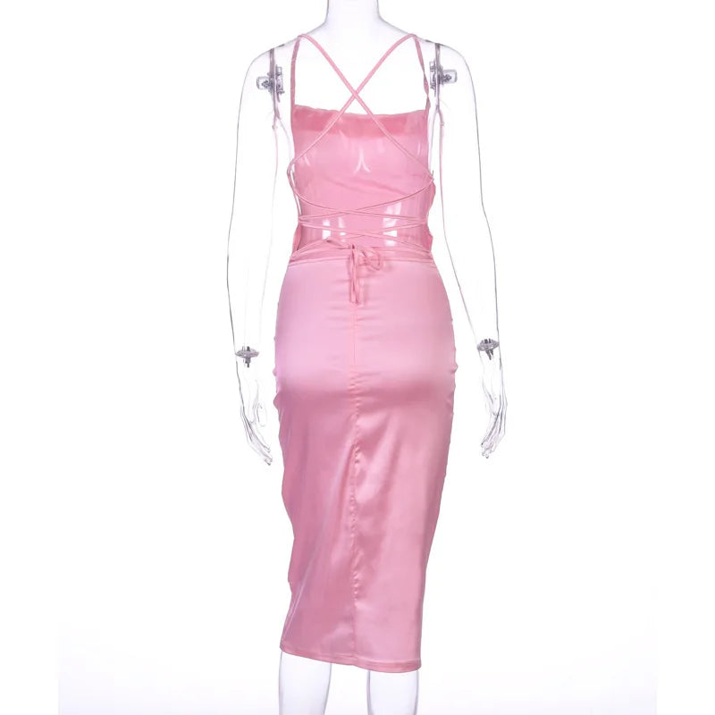 Sexy Slash Neck Back Cross Bandage Bodycon Dress Women Spaghetti Strap Solid Color Mid-calf Dress Elegant Club Party Vestidos