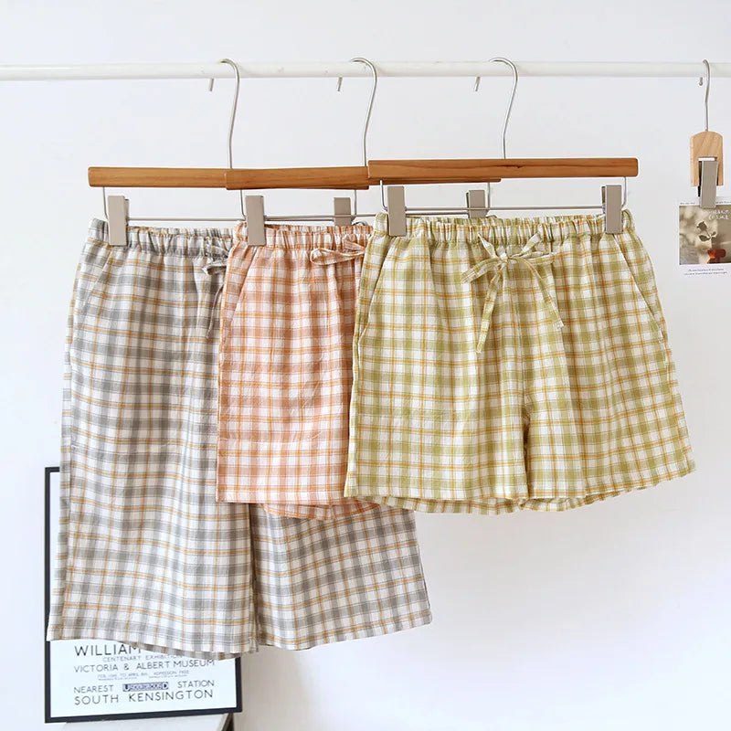 Summer Thin Loose Fit Women's Home Shorts Cotton Plaid Design Multi Colors Sleepwear Beach and Casual Wear Short Pants