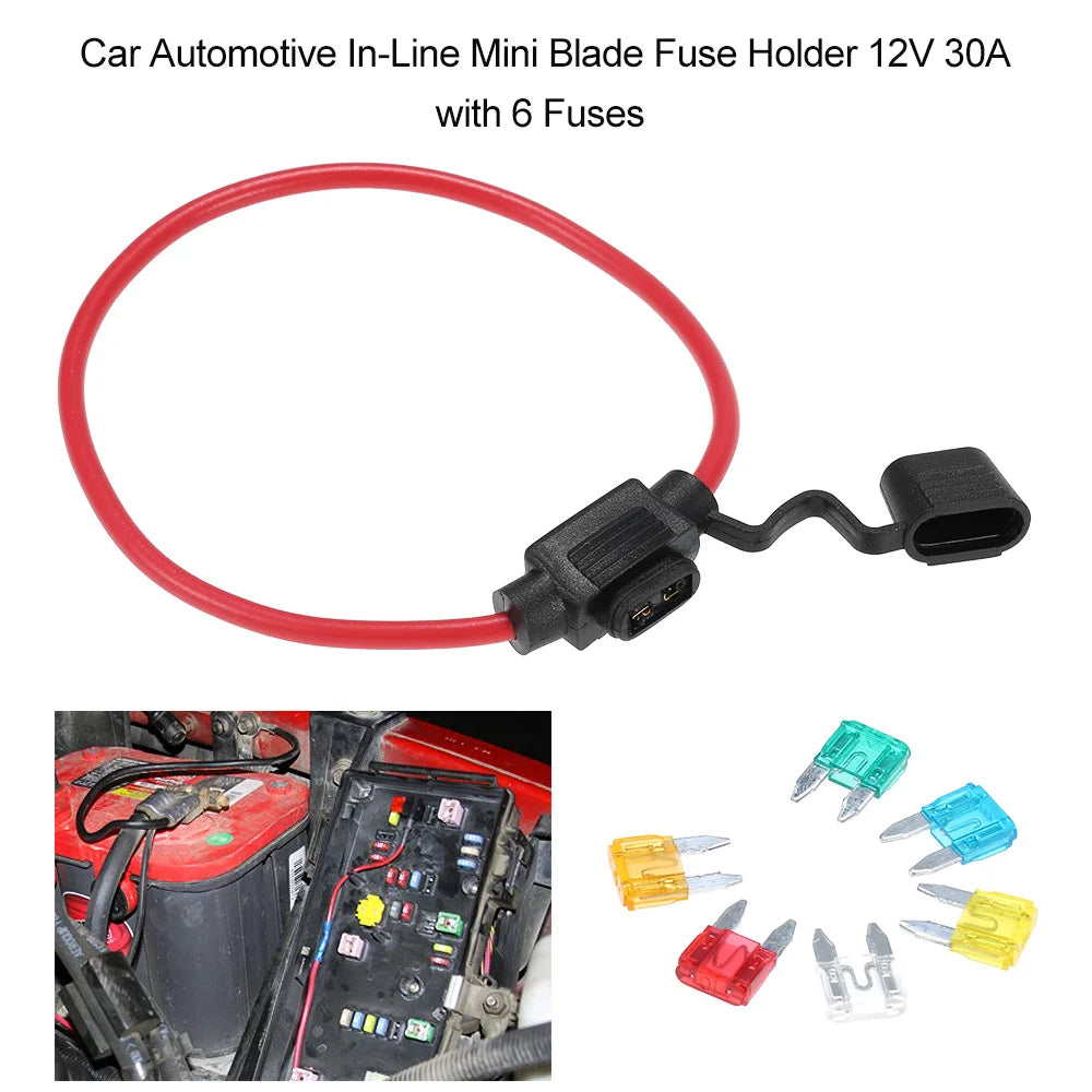 12V Car Automotive In-Line Mini Blade Fuse Holder Fuses with Splashproof Casing with 6 Fuses 5A 10A 15A 20A 25A 30A