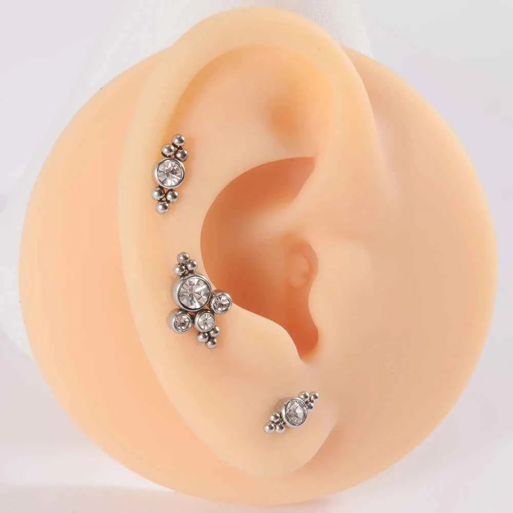 1PC Surgical Steel  Silver Color Labret Flat Base Ear Studs Crystal Cluster Helix Tragus Cartilage Piercing Jewelry 16G