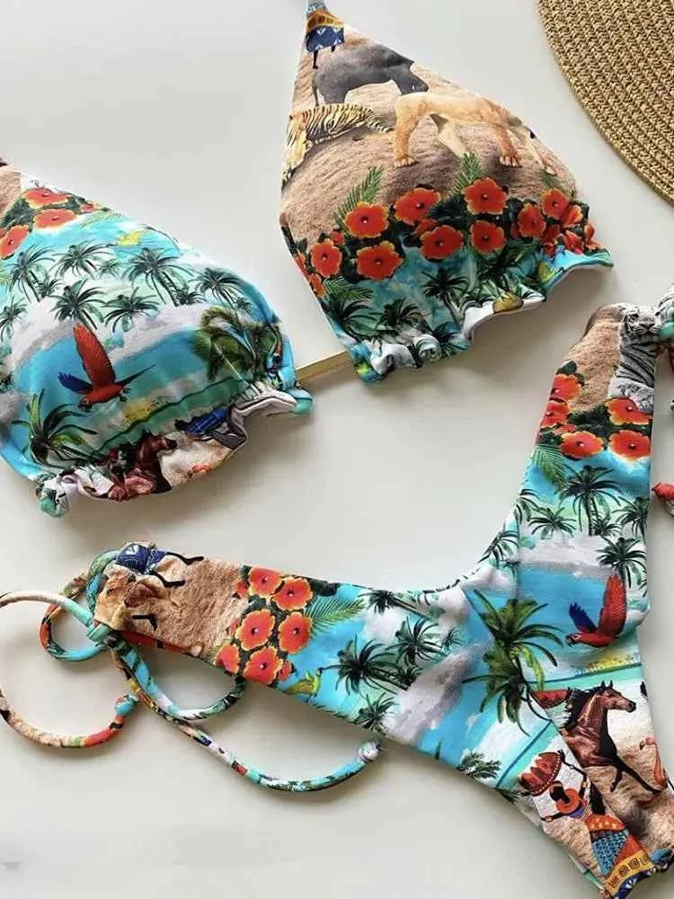 2020 New Bikinis Women Swimsuit Cross Bandage Swimwear Push Up Bikini Set Beach Bathing Suit Brazilian Biquni Print