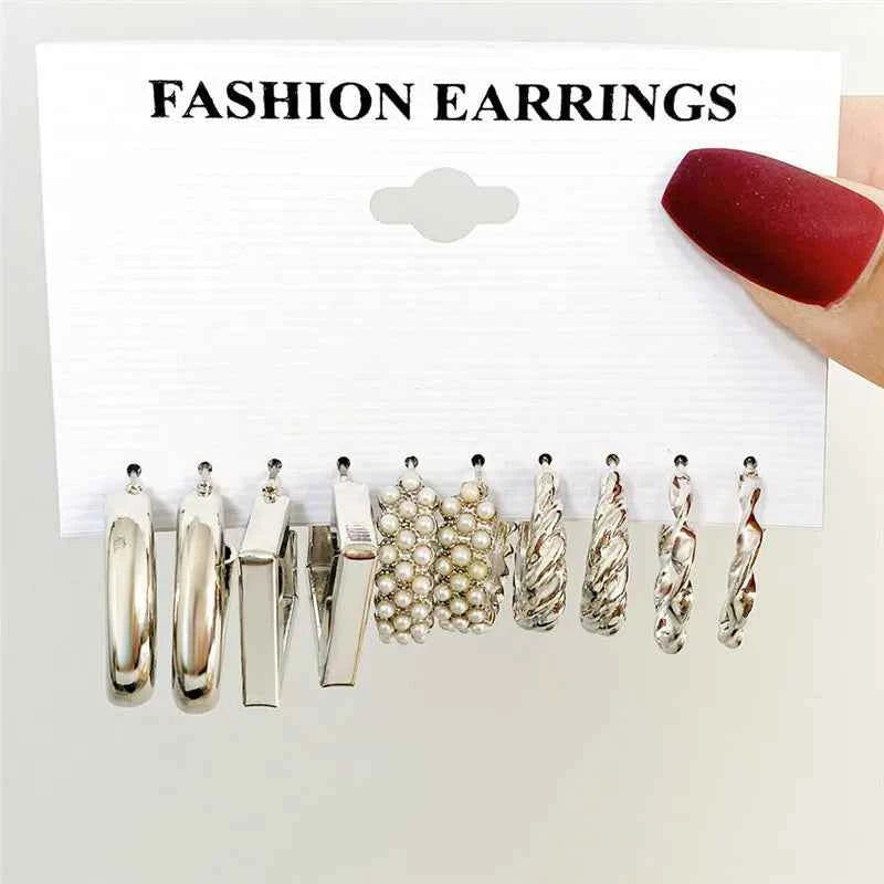 Silver Color Twist Hoop Earrings Set Brincos Heart Pearl Hoops Vintage Metal Geometric Earrings for Women 2023 Trendy Jewerly