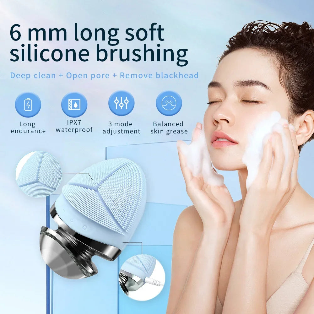 2 in 1 Electric silicone EMS LED 3 Modes Facial Cleansing Brush Introducer Beauty Device Ultrasonic Face Cleaning Massage Tool