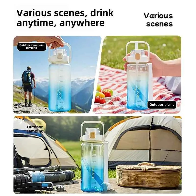 1.5/2 Liter Water Bottle Portable Plastic Sports Bottle With Straw Strap Large Tumbler Gym Travel Juice Drinking Bottle BPA Free