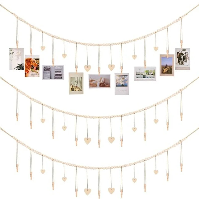 Hanging Photo Display Room Wall Decor, Boho Collage Picture Frame Christmas Cards Holder Wooden Hearts for Home Bedroom Office