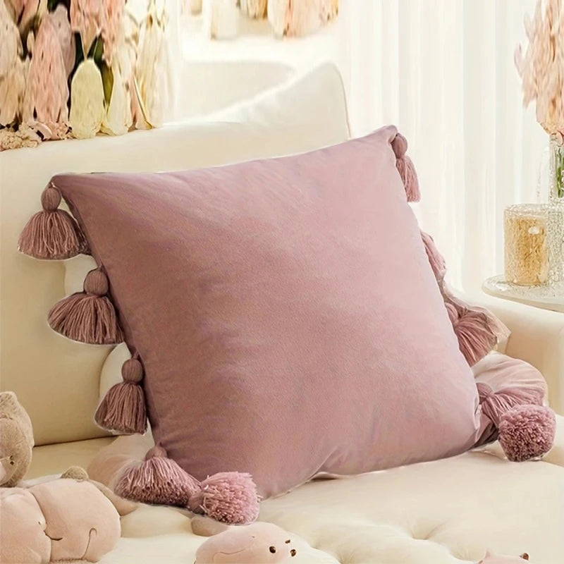 1pcSolid Decorative Throw Pillow Cover with Tassels Boho Accent Cushion Case for Couch Bedroom Car