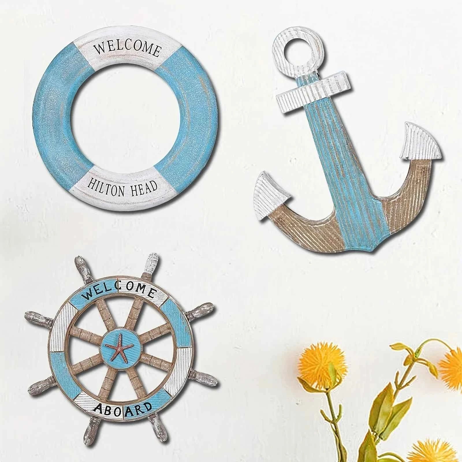 1 Set of Nautical-Themed Home Decor Wooden Anchors, Helms, and Lifebuoys Ocean-Themed Wall Hanging Decorations Indoor Nautical Decor Can Be Used for Wall Decoration at Outdoor Parties and Yard Gatherings