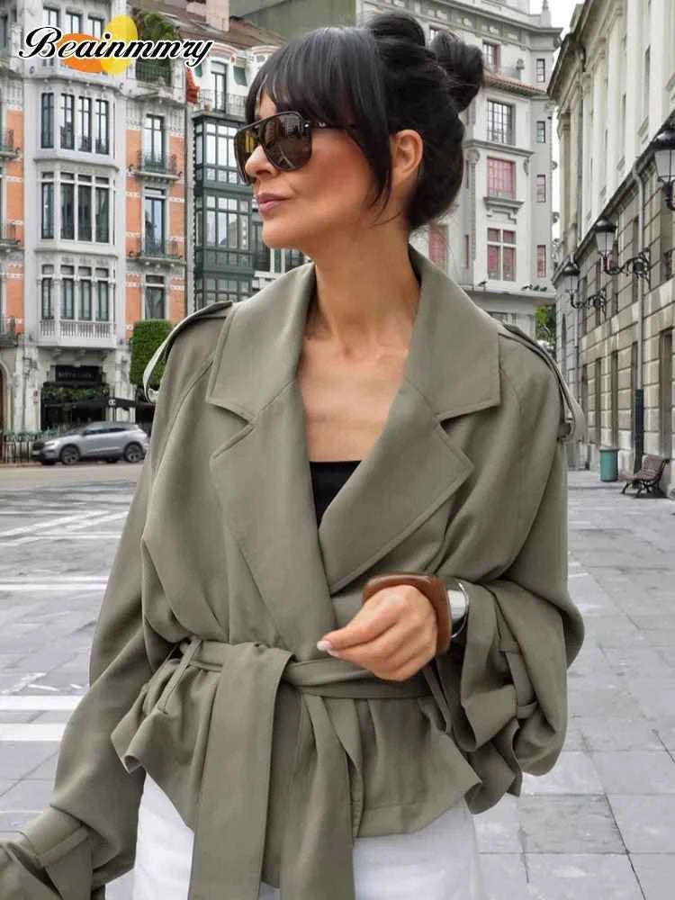 Cropped Lace-up Blue Casual Trench Coat Women Lapel Long Sleeve Wide Shoulder Windbreaker Jacket Fall Commute Daily Streetwear