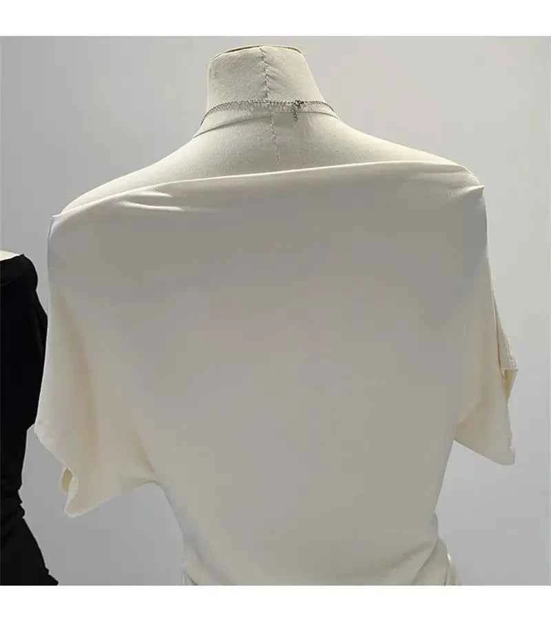 Summer One Shoulder Black Women's T-shirt Short Sleeve Korean Style Slimming Top Exposed Shoulder Fashionable