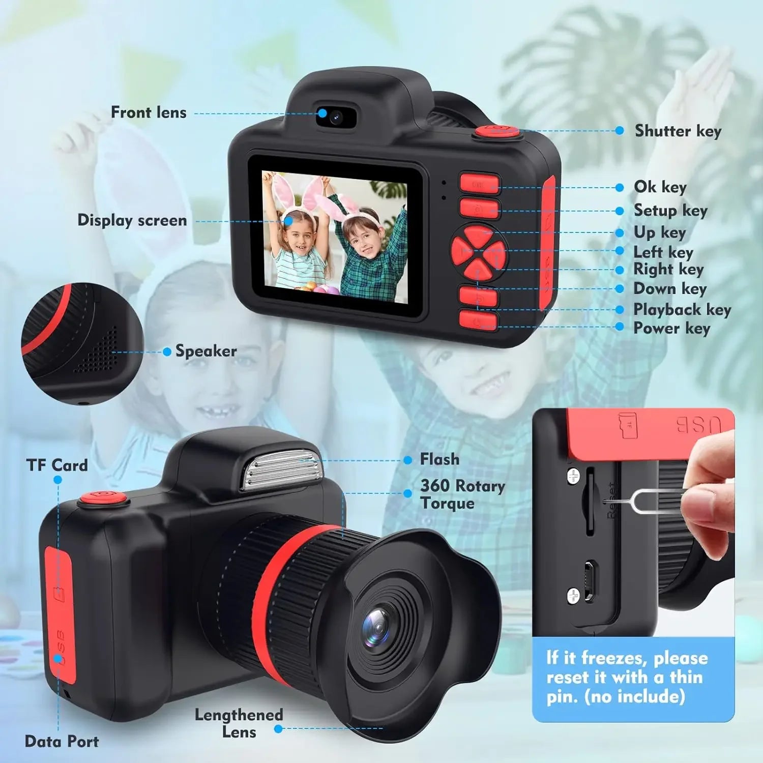 Kids Camera Toys Flash 1080P Photo Video Mini Camera 2.0 Inch Screen Long Lens Zoom Child Digital Camera Birthday Festvial Gifts