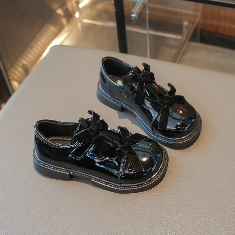 Chic Girls Black Mary Jane Shoes with Double Bowknot Spring Autumn Kids Princess Leather Shoe Fashion Causal Children Flat Shoes