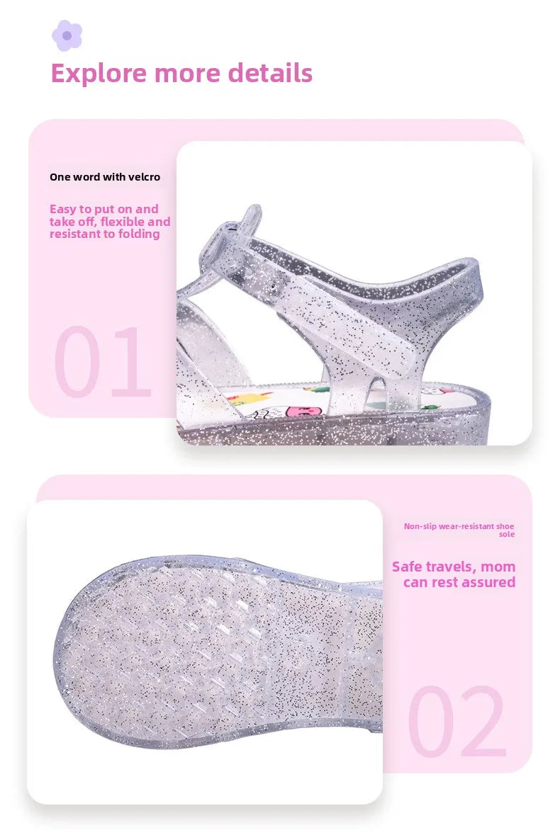 2026 Children's Transparent Crystal Jelly Sandals Soft Non-Slip Sole Princess Roman Style for Summer Cute Kids Footwear