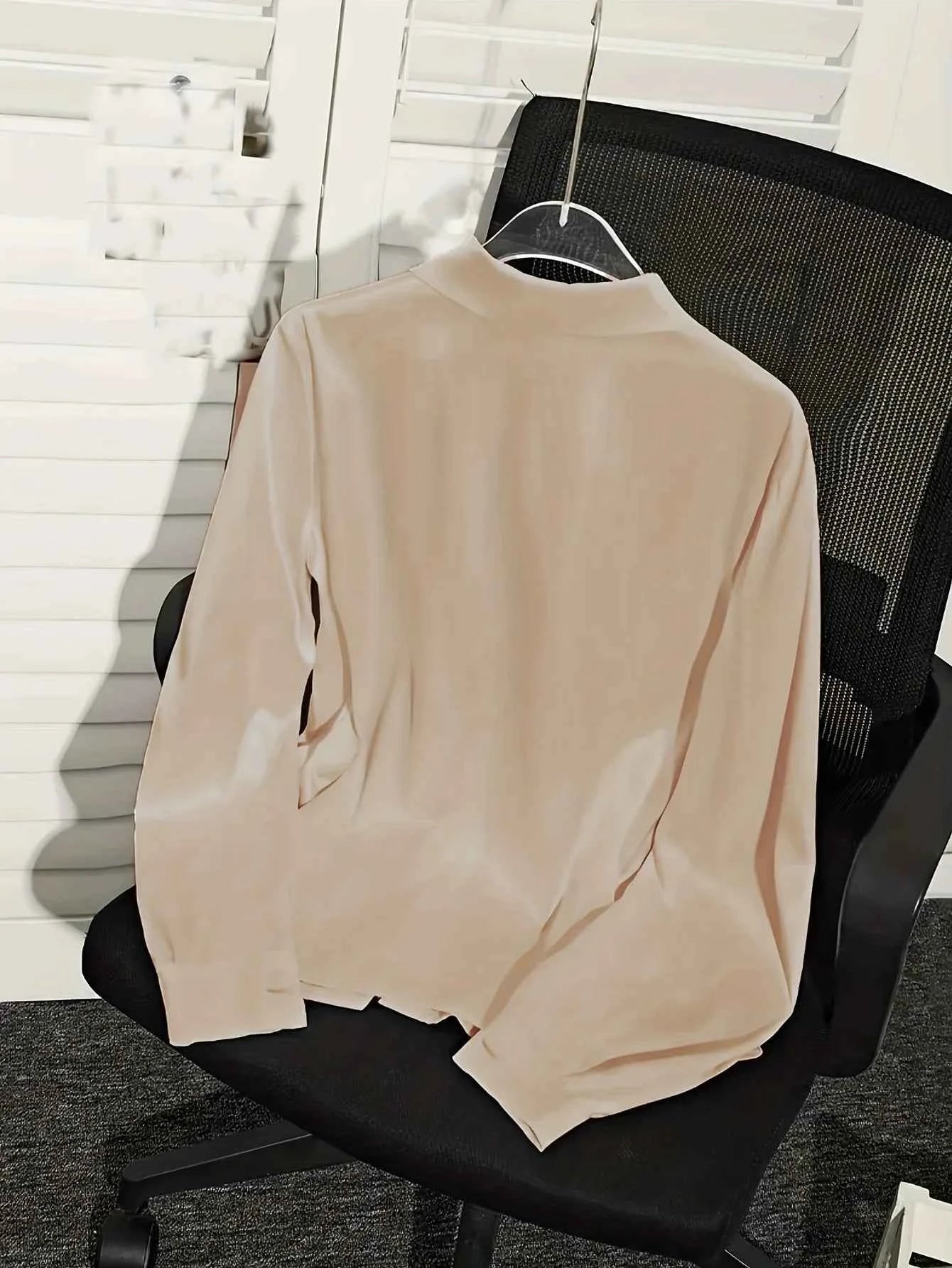 Spring and Autumn Plus-Size Long-Sleeved Satin Shirt, Round Neck with Pleated Draped Collar, Elegant and Stylish Office and Outdoor Wear Top
