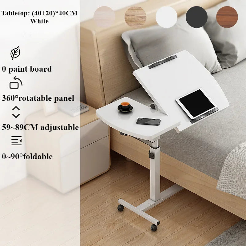 Bedside Desk, Portable Laptop Desk with Drawers, 360 ° Rotating Board, Double Anti Slip Strips, Adjustable Height, Foldable