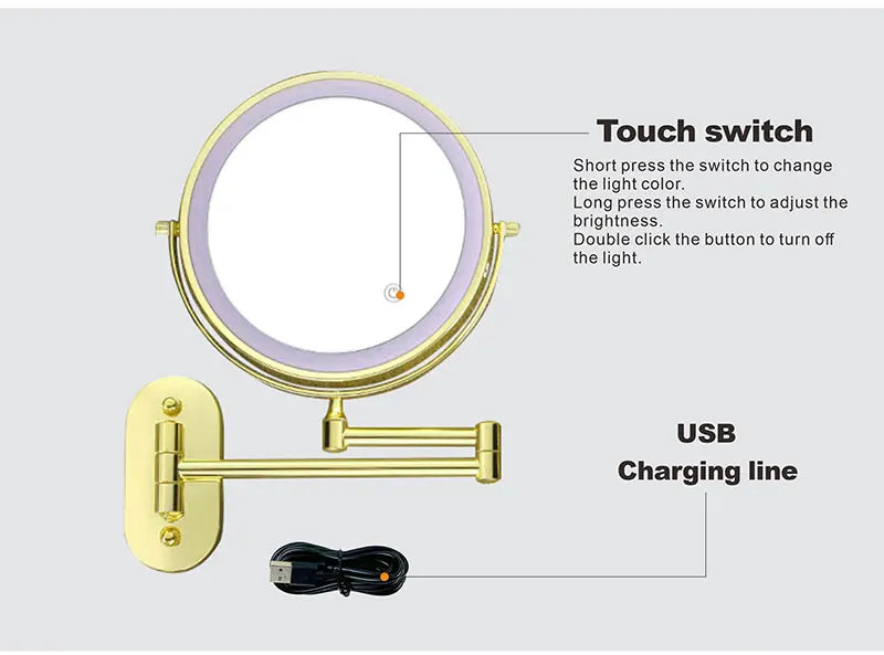 8 Inch Makeup Mirror Gold 3x/5x/7x/10x Magnifying Double Side USB Charging Bathroom 3 Color Light Cosmetic Mirrors