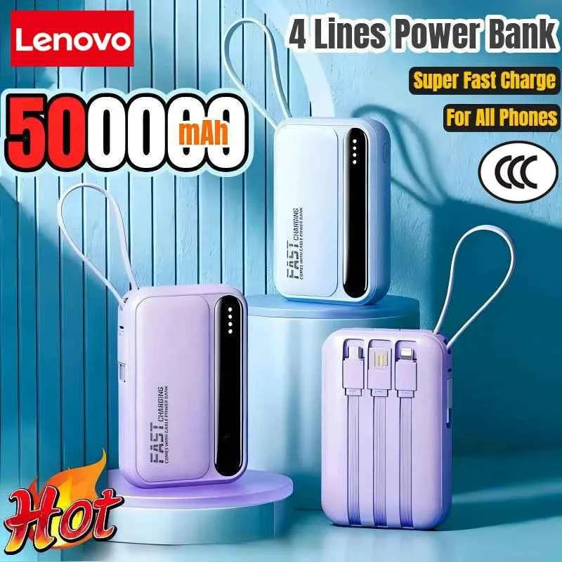 Lenovo 120W 500000mAh Power Bank Large Capacity 4 In1 Cables Intelligent Digital Display Light Portable Powerbank For iPhone New