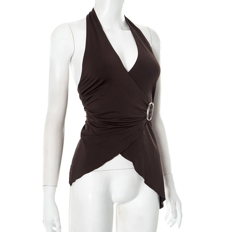 gestring Women Vest 2025 Summer New Solid Sleeveless V Neck Halter Cross Sexy Top Fashionable Slim Fit Short Ladies Tanks Camis