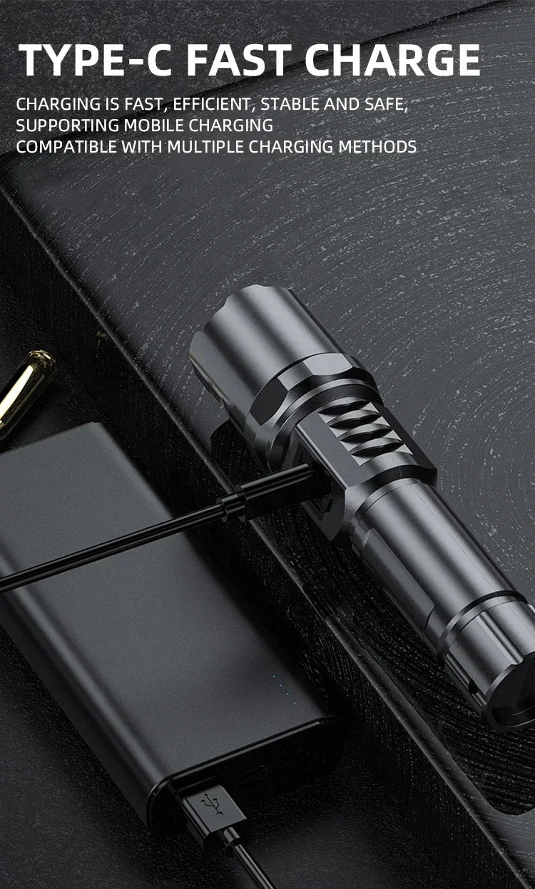 Super Bright LED Flashlight 3 Lighting Modes Built-in Battery Flashlights USB C Rechargeable Zoom Self Defensa Tactical Torch