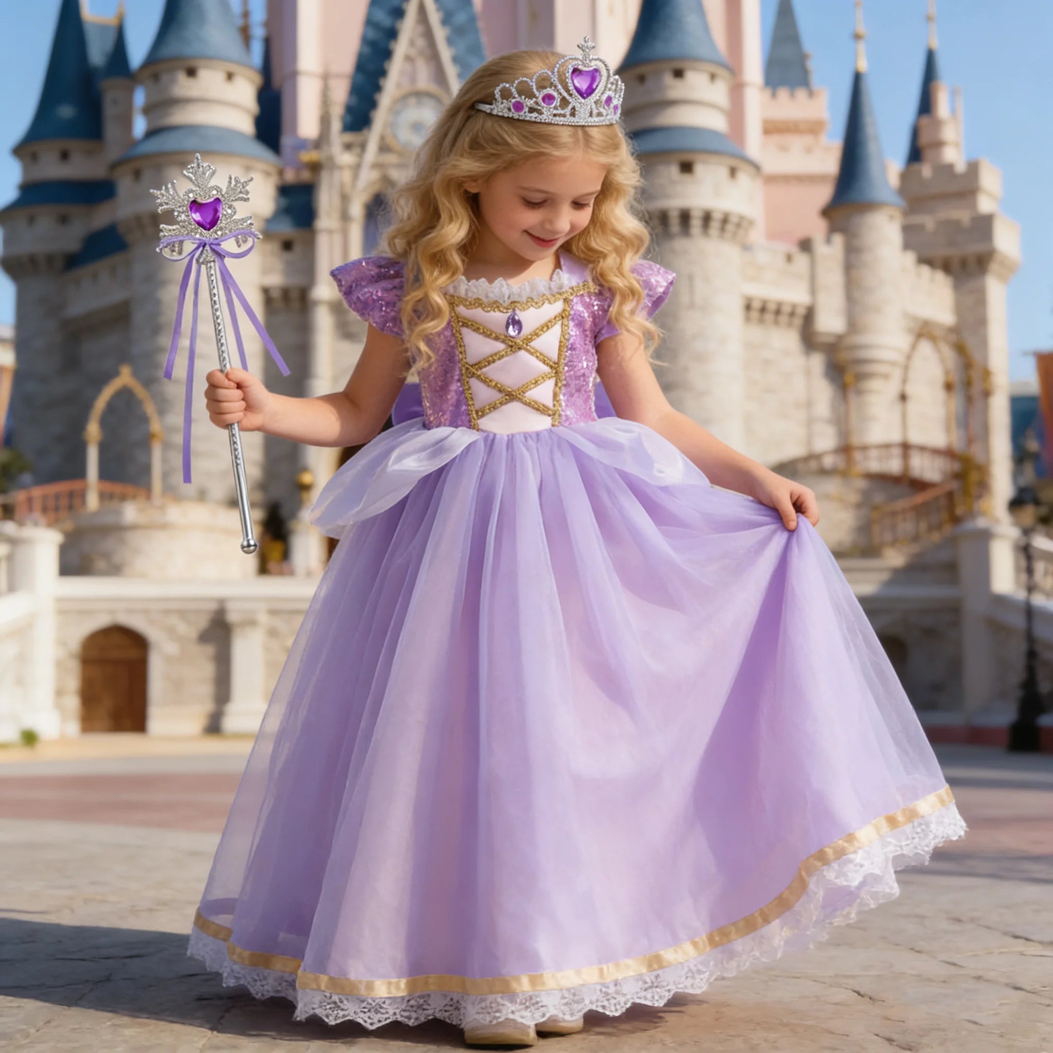 Baby Girls Deluxe Elegant Rapunzal Princess Dress Cosplay Costume Kids Halloween Birthday Party Vestido Purple Puffy Dresses