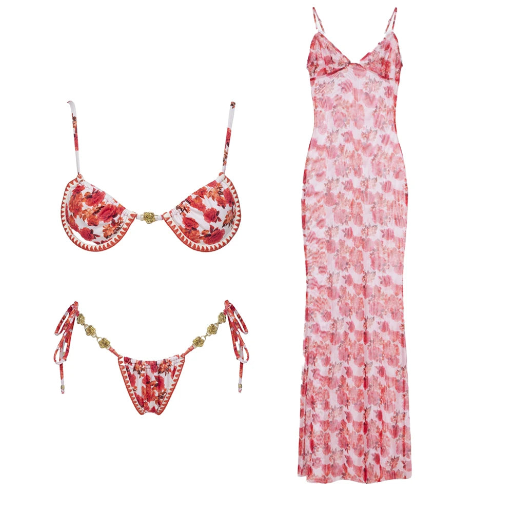 Print Bikini Swimsuit and Cover Up Bikini Set Women Sexy Lace Swimwear High Leg  Bathing Suit Beachwear Biquini
