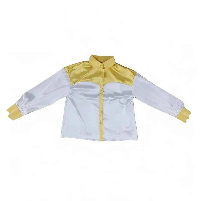 Women Shirt Blouse Long Sleeve Turn Down Collar Button Color Block Patchwork Casual Female Office Tops Trendy Work Shirt