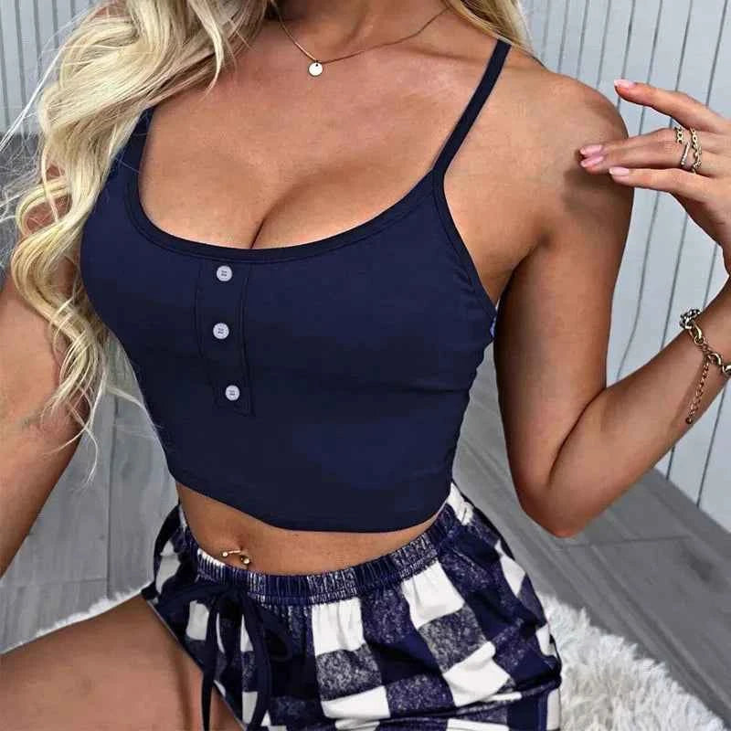 Women Shorts Set Pajamas Set Crop Cami Top Bodycon Plaid Shorts Lounge Summer 2Pcs Outfit Sets Girls Sleepwear Pajamas Set