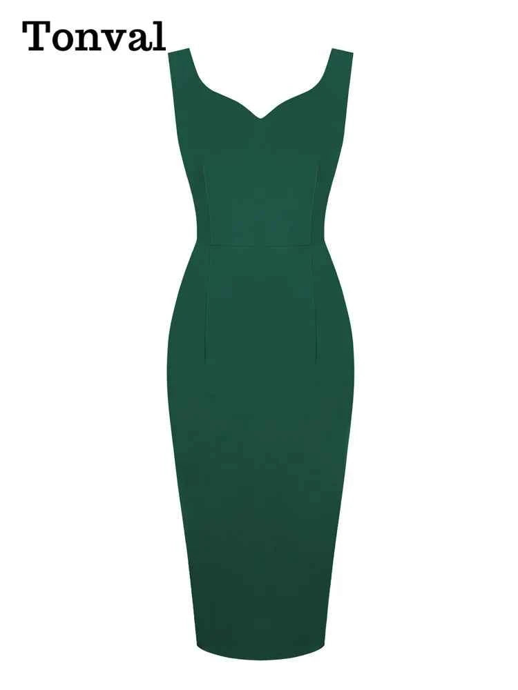 Tonval Sweetheart Neck Sleeveless Office Midi Pencil Dresses for Women 2023 Vintage Red Solid Elegant Slim Bodycon Dress