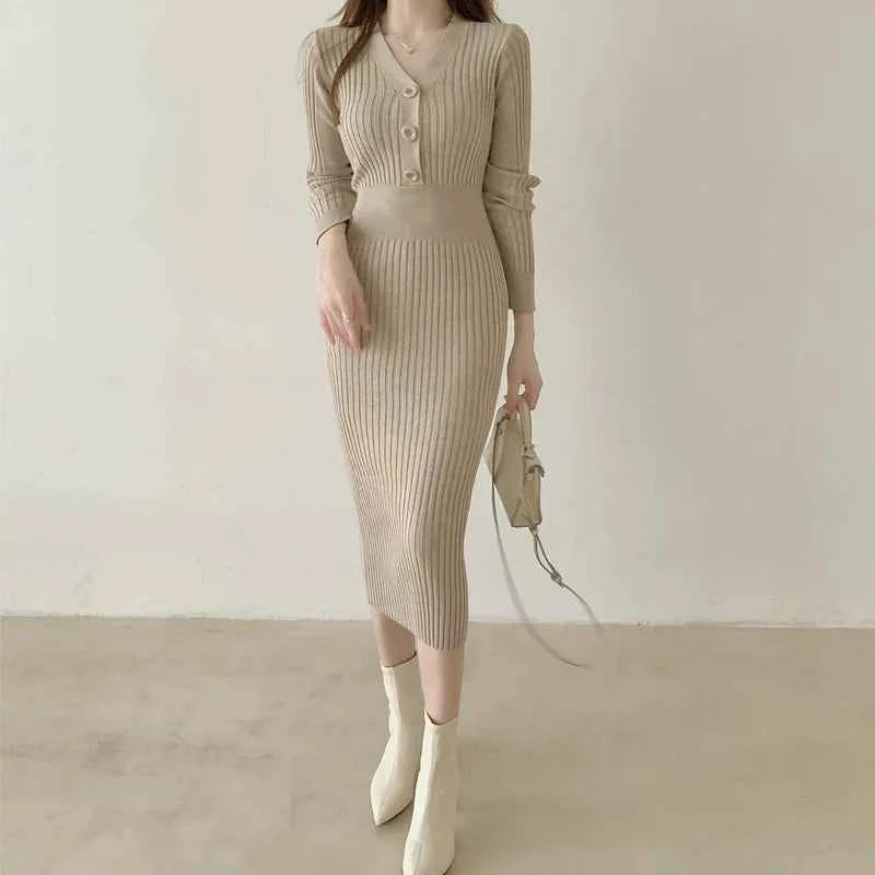 Autumn Winter Sweater Dress For Women 2024 New Arrivals Buttons Up V Neck High Waist Long Knitted Dress Korean Maxi Dresses