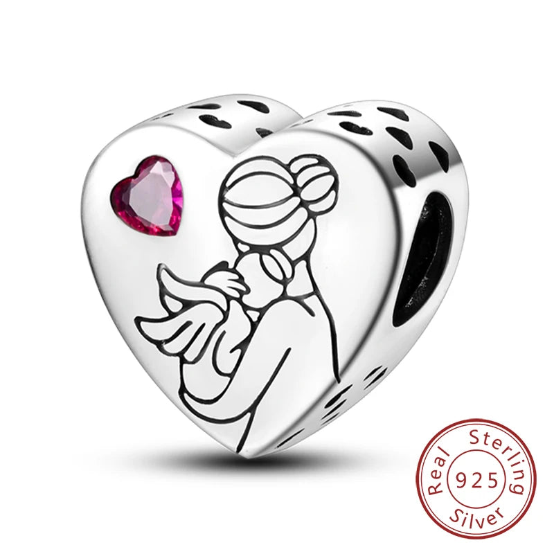 Original 925 Sterling Silver Charm Bead Mother's Day Love Heart Family Charm Bead Pendant Fits Bracelet Womens Jewelry Gifts